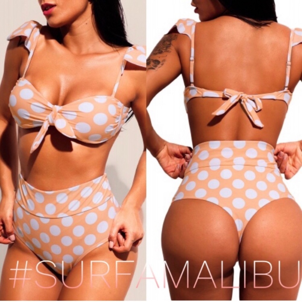 Polka dot ruffle booty bikini two piece swim set high waisted peachy pink white